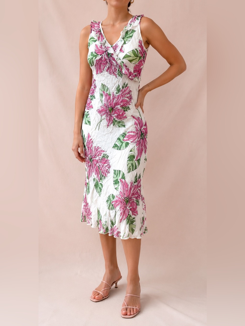 Vintage Lola P Pink Floral Beaded Lined Midi Dress Small